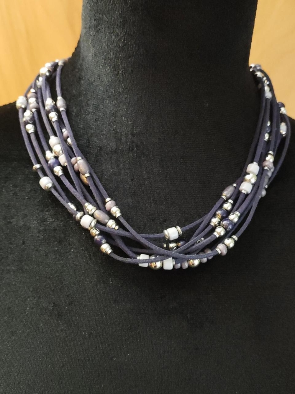 Layered Navy Beaded Multi-Strand Necklace with Silver Accents